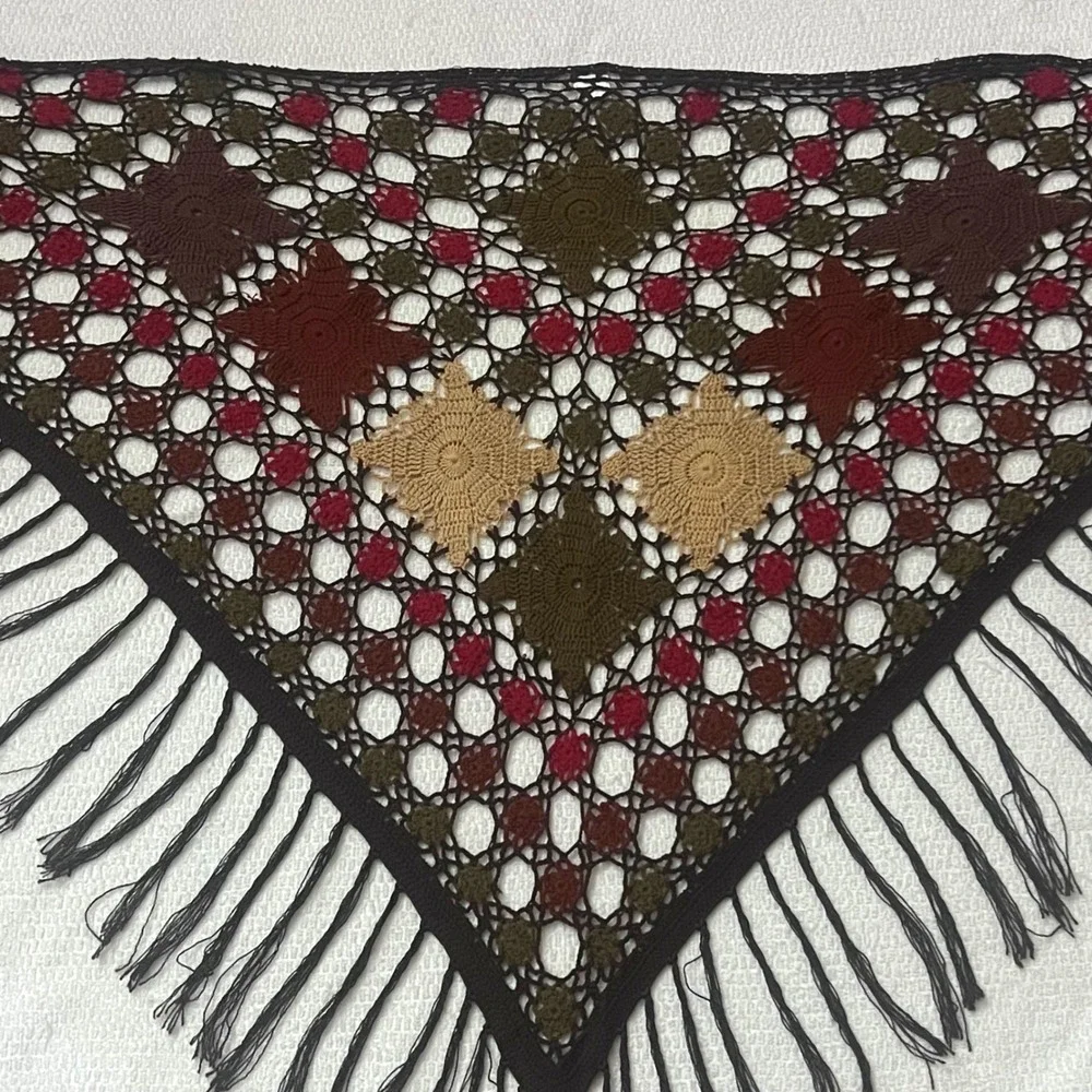 Boho Crochet Triangle Fringe Shawl Wrap‎ Earhtones Cottagecore Victorian Granny